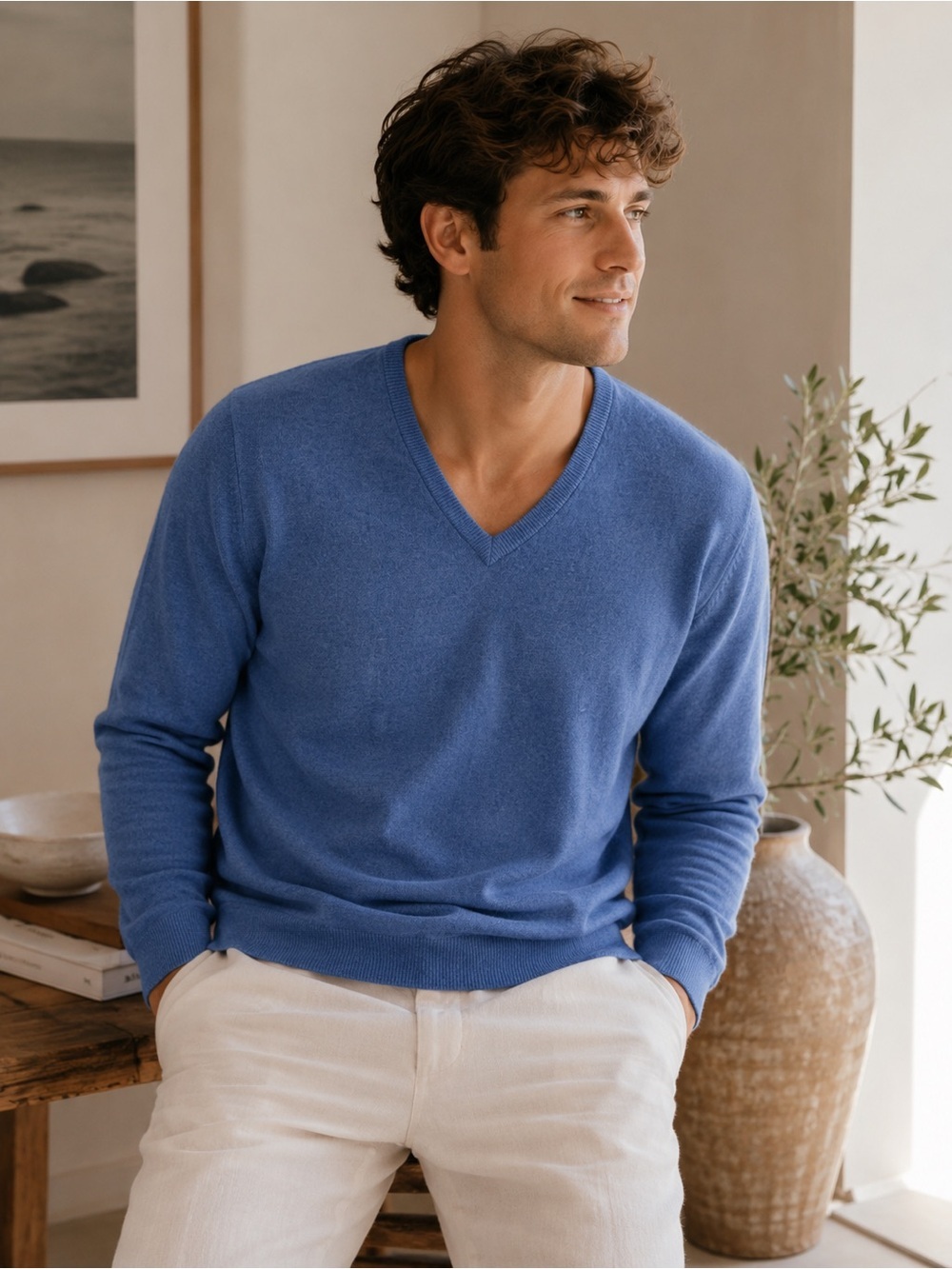 McKenzy Superfine Outwear Vintage Lambswool V-Neck Sweater Blue Long Sleeve L